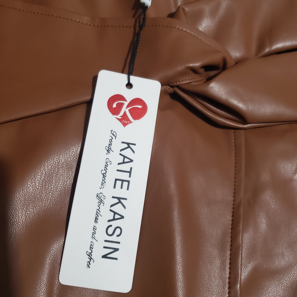 Kate Kasin Faux-leather Knot-front Faux Wrap Sienna Brown Pencil Skirt Sz XL - Picture 4 of 11